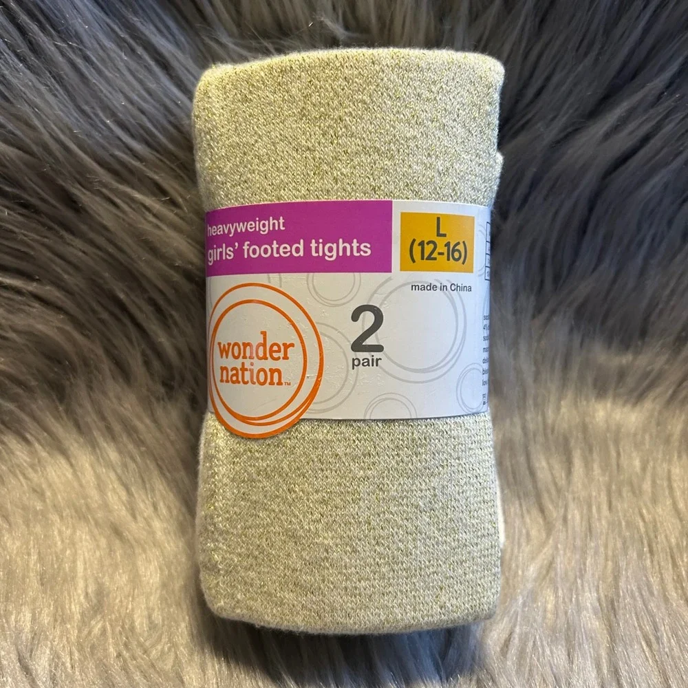 Wonder Nation Footed Tights Girl Size Large (12-16) White Gold Dress Bottoms